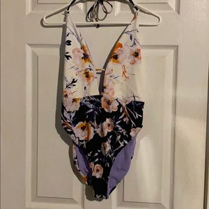 Two-tone floral one piece swimsuit